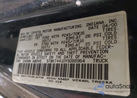 2000 Toyota Tundra Sr5 z USA, uszkodzony, nr VIN 5TBKT4410YS088964